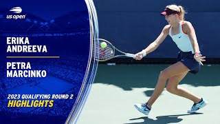 Erika Andreeva vs Petra Marcinko Highlights  2023 US Open Qualifying Round 2 [upl. by Kyre]