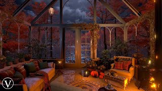 Autumn Lakeview Lounge  Night Ambience  Log Burner Nature Rain amp Thunder Sounds [upl. by Meyeroff]