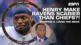 Derrick Henry puts Lamar Jackson in a better situation  Stephen A is loving the move  First Take [upl. by Bluh]