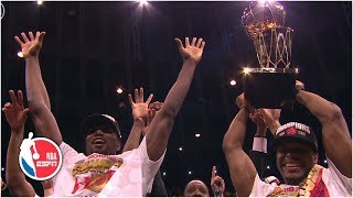 Toronto Raptors celebrate winning NBA Finals and Kawhi Leonard named Finals MVP  2019 NBA Finals [upl. by Elitnahc]