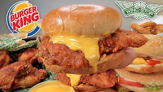 MUKBANG EATING WINGSTOP HOT HONEY FRIED CHICKEN SANDWICH HOT HONEY WINGS BURGER KING WHOPPERS ASMR [upl. by Klehm]