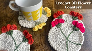 EASY Crochet 3D Flower Coasters Tutorial [upl. by Goles]