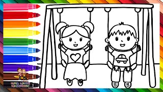 Zeichnen und Ausmalen von Kindern auf der Schaukel 👧👦🌈 Zeichnungen für Kinder [upl. by Ralina635]