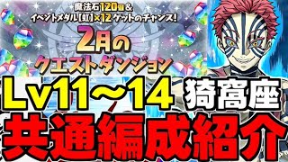 【2月のクエスト】Lv11〜14猗窩座共通編成！魔法石50個を爆速回収！代用＆立ち回り解説！【パズドラ】 [upl. by Aihtekal]