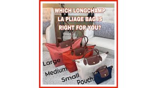 LONGCHAMP REVIEW  BAG COMPARISONS  FOUR DIFFERENT SIZES  SMALL MEDIUM LARGE amp POUCH [upl. by Esbensen]