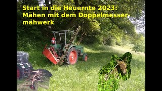 Erstes Heu 2023 Mähen mit Deutz 4006  Busatis Doppelmessermähwerk und Fendt Fix 2  Seitenmähwerk [upl. by Omora599]