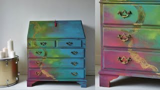 Writing Bureau Makeover  Colorful Painting Tutorial Art Chalk Paint Gold Foil Furniture Upcycle [upl. by Richella]