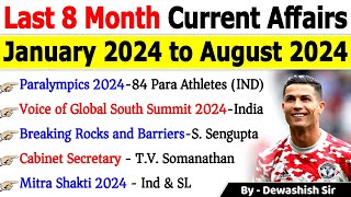 Last 8 Months Current Affairs 2024  January 2024 To August 2024  Important Current Affairs 2024 [upl. by Giacopo]