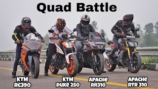 2024 Duke 250 vs Apache RTR 310 vs Apache RR 310 vs KTM RC 390  Drag Race  Quad Battle [upl. by Quillon]