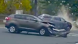 IDIOT RUNS RED LIGHT CAUSES MASSIVE CAR CRASH [upl. by Adnil]