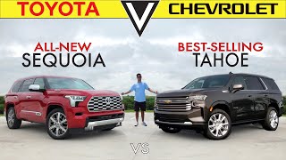 UNDER THREAT  2023 Toyota Sequoia Capstone vs Chevy Tahoe High Country Comparison [upl. by Zahara]