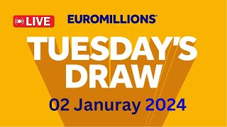 The National Lottery EuroMillions draw live results Tuesday 02 Jan 2024  euromillions live tonight [upl. by Elyac]