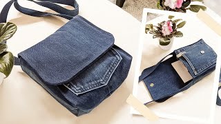 DIY No Zipper Square Flap Over Denim Crossbody Bag Out of Old Jeans  Bag Tutorial  Upcycle Craft [upl. by Lennie]