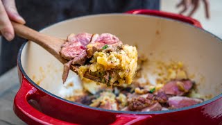 Dutch Oven Moulard Duck Breast Recipe with Potatoes Garlic Onion and Parsley  DUCKCHAR [upl. by Alleunamme]