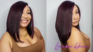 DARK RED HIGHLIGHTS SILKY BLUNT CUT GLUELESS LACE BOB WIG BEGINNER FRIENDLY  LUVME HAIR REVIEW [upl. by Aihtenak]