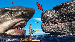 Big Megalodon Shark Vs Godzilla Fight And Destroys LOS SANTOS In GTA 5  Biggest Monster Battle [upl. by Lothario]