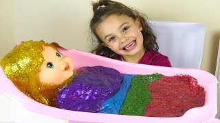 Learn Colors with Baby Doll Toy and Color Glitter Slime Bath [upl. by Willing]