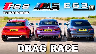 New Audi RS6 Perf v BMW M5 v AMG E63 S DRAG RACE [upl. by Elyak873]