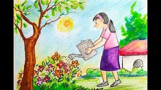 How to Draw a girl Watering flower Plant for kids [upl. by Rollin231]