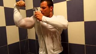 Gabriel MuscleDominusFlexing big muscles with tight shirt in shower [upl. by Masry]