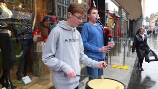 Bagpipes And Drums Music Buskers High Street Perth Perthshire Scotland [upl. by Donelle]