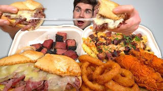 LOADED Pastrami Fries Cheesy Pastrami Sandwich Onion Rings THICK Pastrami  Tenders MUKBANG [upl. by Ahsa]