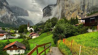 Lauterbrunnen Switzerland  Rainy walk in the most beautiful Swiss village  Fairytale village [upl. by Bertie]