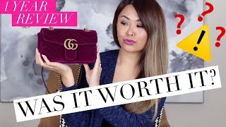 GUCCI MARMONT BAG  1 YEAR WEAR amp TEAR REVIEW  WHAT FITS INSIDE [upl. by Eenram]