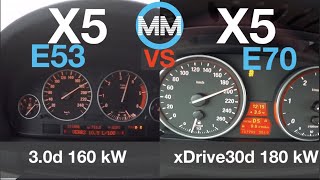 ACCELERATION BATTLE  BMW X5 30d vs BMW X5 xDrive30d  E53 LCi vs E70 LCi  160 vs 180 kW [upl. by Acitel]