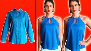 7 TRANSFORMAR CAMISA DE HOMBRE EN UNA BLUSA DE MUJER CON CUELLO HALTER Y ABERTURA  ByMariG [upl. by Amelina]