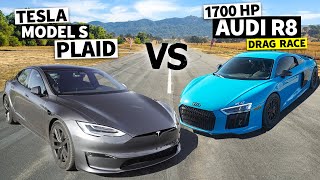 THIS vs PLAID 1700hp Twin Turbo V10 Audi R8 vs Tesla Model S Plaid unprepped airstrip Drag Race [upl. by Valenba101]