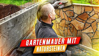 Gartenmauer selber bauen und mit Natursteinen verkleiden Schalungssteine Polygonalplatten [upl. by Aivataj]