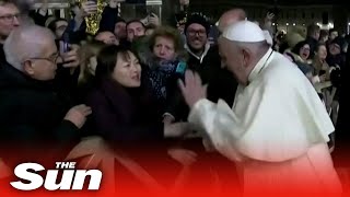 Apologetic Pope Francis admits he ‘lost patience’ after lashing out at worshipper who grabbed him [upl. by Yznel739]