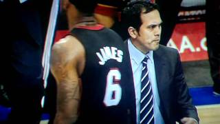 Lebron bumping coach Spoelstra vs Mavs 112710 [upl. by Rolyab]