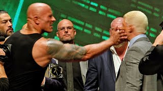 The Rock SLAPS THE ISH out of Cody Rhodes NEAR BRAWL almost breaks out at Wrestlemania presser [upl. by Ennazzus395]