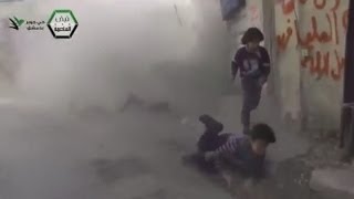 Syrian children narrowly escape shelling explosion in Damascus [upl. by Ciapha]