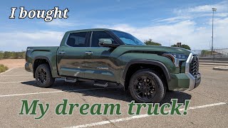 My new 2023 Toyota Tundra limited Crewmax TRD Offroad in Army green  Detailed reveal amp review [upl. by Ellatsyrc]