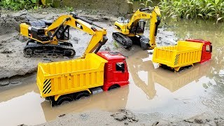 Excavators work under the river Roller truck Dump truck toys  Car Videos [upl. by Yelyac]