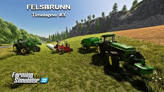 Mowing baling warpping grass harvesting sorghum seeding barley  Felsbrunn  FS22  Timelapse 3 [upl. by Cobby596]