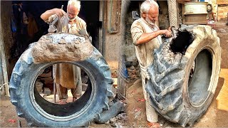 A Complementary Method Repairing Big Tractor Tire Using Aluminium Mold  90 Year Old Asian Method [upl. by Nya818]