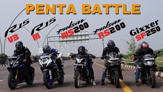 Pulsar RS200 vs Yamaha R15M vs Yamaha R15 V3 vs Suzuki Gixxer SF 250 vs Pulsar NS200 Drag Race [upl. by Rask]