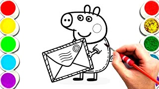 Peppa pig with envelope drawing and coloring for kids and toddlers Easy peppa pig drawing [upl. by Kcirted100]