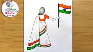 Republic Day Drawing Easy Steps  How to draw 26 January Drawing Easy StepTraditional Girl Drawing [upl. by Sucy]