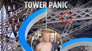 Eiffel Tower evacuated before Olympics closing ceremony as shirtless ‘Brit’ climbs 1000ft landmark [upl. by Silrac547]