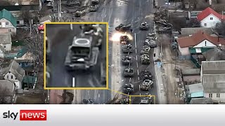 Ukraine War Dramatic drone footage shows Russian convoy ambush [upl. by Jacy399]