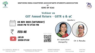 Webinar on quotGST Annual Return  GSTR 9 amp 9Cquot by SICASA of ICAI [upl. by Therese]