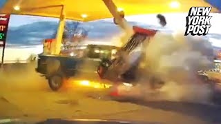 Truck crashes through gas station pump like a speeding bullet [upl. by Yerak]