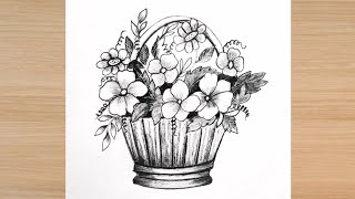 flower basket drawing step by step  how to draw basket of flowers step by step drawing [upl. by Ocirederf]