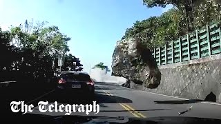 Moment boulder strikes car during Taiwan earthquake [upl. by Keller]