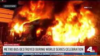 Metro bus burned down during Dodgers World Series celebration [upl. by Christalle]